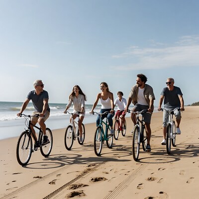 Family cycling on sunny beach
