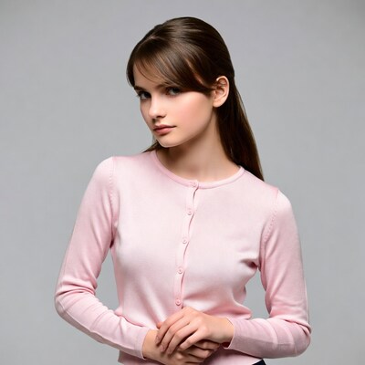 Woman in pink cardigan looking sideways