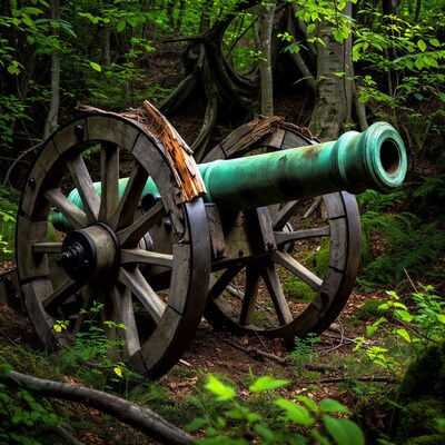 Old cannon in lush forest