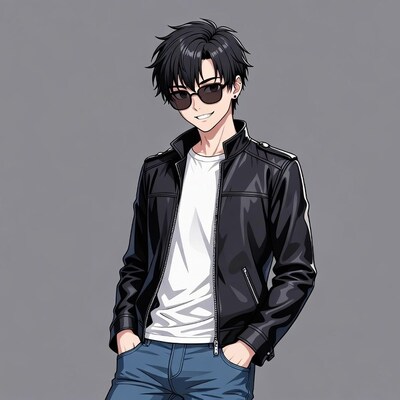 Anime boy in leather jacket and sunglasses