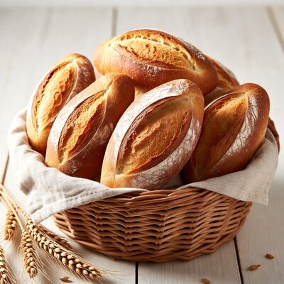 Fresh bread loaves in wicker basket
