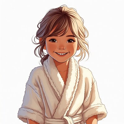 Smiling girl in fluffy white bathrobe