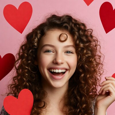 Girl smiling with hearts and curl on forehead