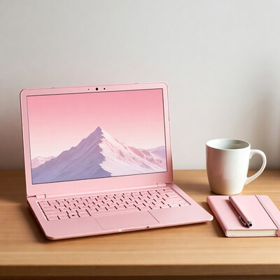 Pink laptop with mountains on wooden desk