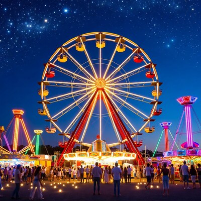 Crowd at lit Ferris wheel night fair