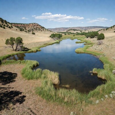 Aerial view of winding river in desert valley