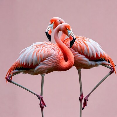 Two pink flamingos embracing