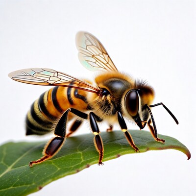 Honey Bee on Green Leaf