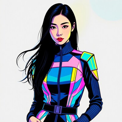 Asian woman in colorful futuristic jacket