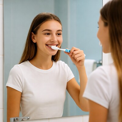 Girl brushing teeth in mirror
