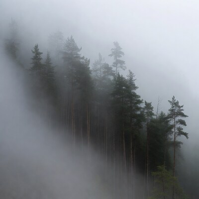 Pine Forest in Thick Fog