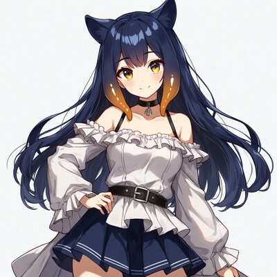 Anime catgirl with navy hair and skirt