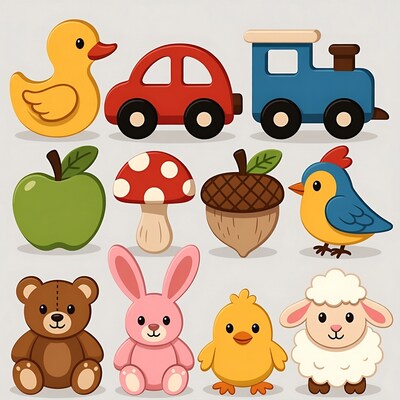 Colorful Wooden Toys and Animals Illustration