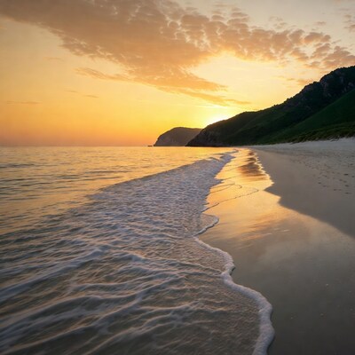 Sunset over beach with green cliffs
