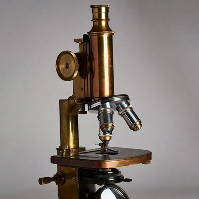 Vintage Brass Microscope on Gray Background