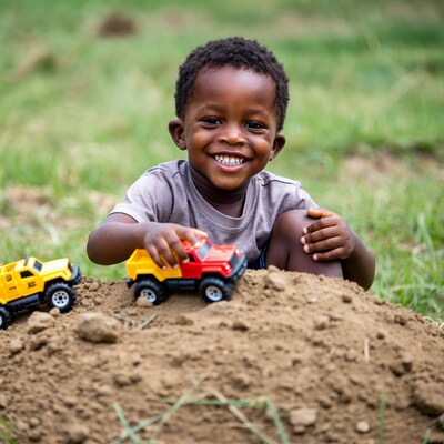 African boy playing with toy trucks