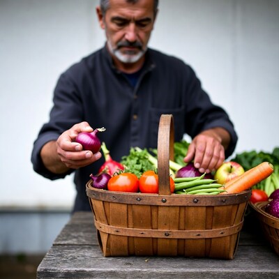 Man holding onion over vegetable basket
