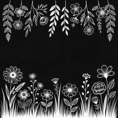 White floral line art on black