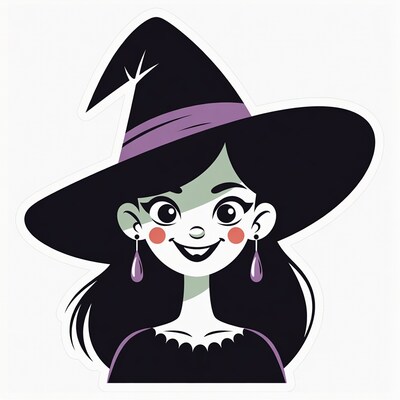 Cartoon Witch Girl Smiling with Hat