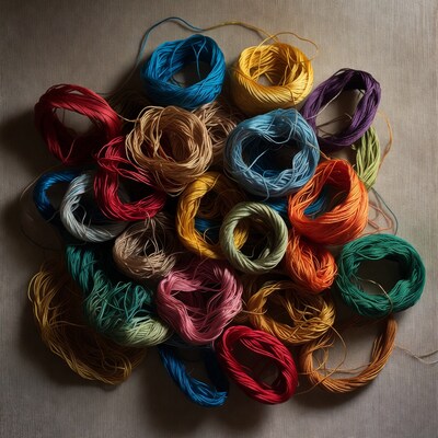 Colorful yarn skeins arranged on table