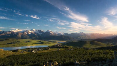 Snowy Mountains Lake Green Valleys Sunset