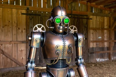 Steampunk Robot in Wooden Barn
