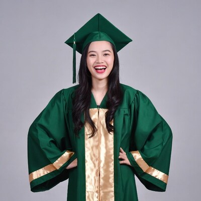 Asian woman in green graduation gown