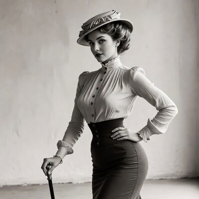Vintage woman with hat and cane
