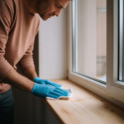 Man cleaning window sill with gloves