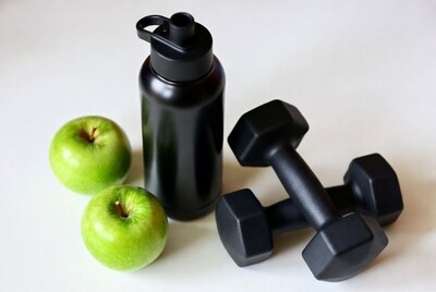 Green Apples, Black Water Bottle, Dumbbells