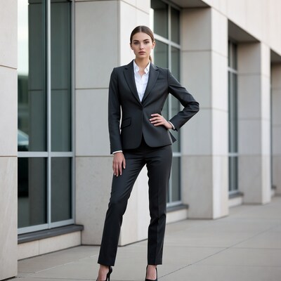 Woman in black business suit outdoors