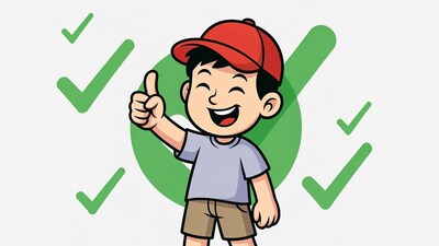 Asian boy giving thumbs up with checkmarks