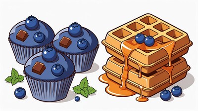 Blueberry Cupcakes and Waffles with Syrup