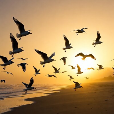 Flock of seagulls flying over beach sunset