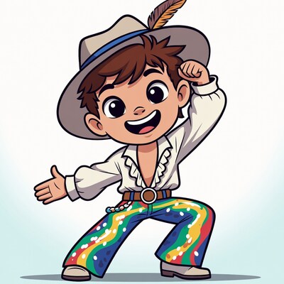 Cartoon boy in feathered hat and flared pants