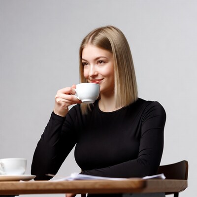 Blonde woman sipping tea at table