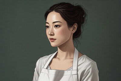 Asian woman in white apron illustration