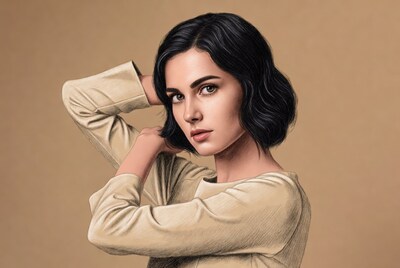 Woman touching hair in beige top