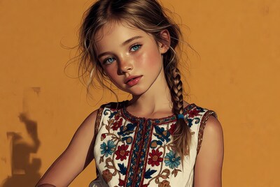 Girl in embroidered dress against orange wall