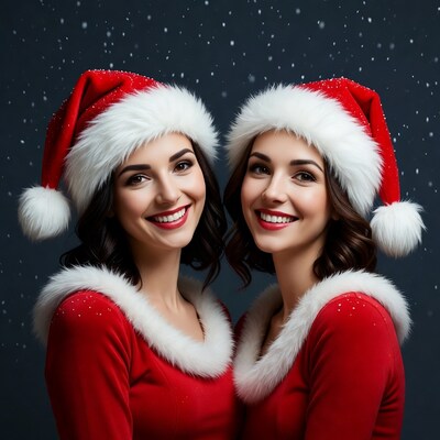 Twin women in Santa hats smiling