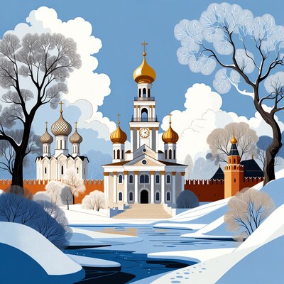 Russian Orthodox Church Winter Illustration