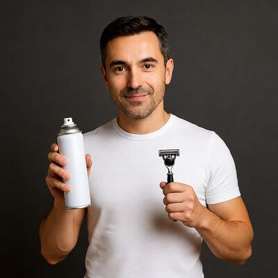 Man holding shaving cream and razor