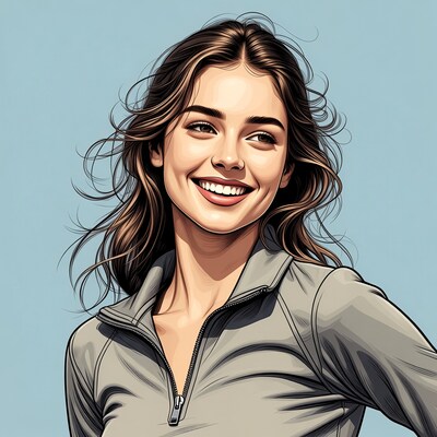 Smiling woman in gray zip-up jacket