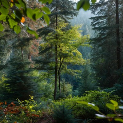Misty Forest with Evergreen and Deciduous Trees