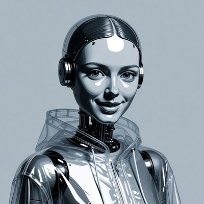 Smiling female robot with headphones