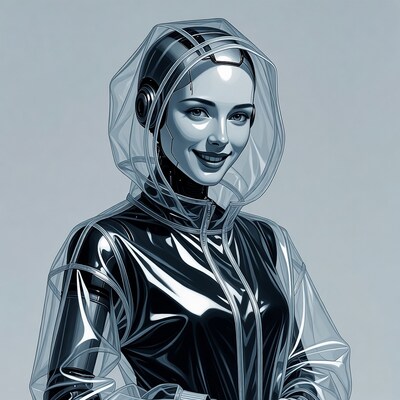Cyberpunk Woman in Transparent Rain Hoodie
