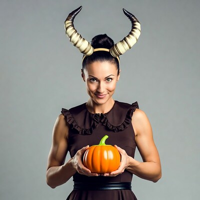 Woman with demon horns holding pumpkin