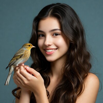 Girl holding yellow finch bird