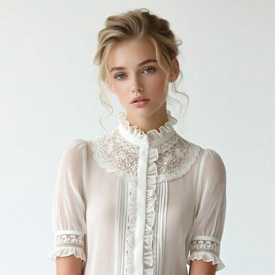 Blonde woman in lace Victorian blouse