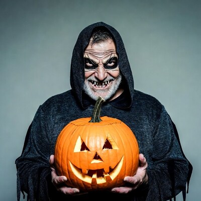 Man in grim reaper costume holding jack-o-lantern